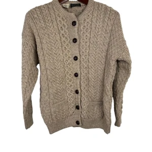 Blarney Woollen Mills Merino hellbraune Strickjacke groß Irland Aran Fischer Zopfmuster - Bild 1 von 8