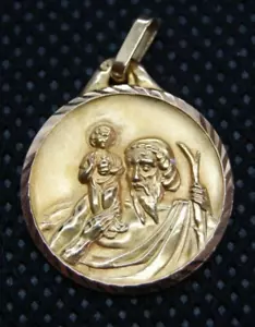 † 18K YELLOW GOLD ST CHRISTOPHER & JESUS MEDAL TRAVEL PROTECTOR PENDANT FRANCE. - Picture 1 of 14