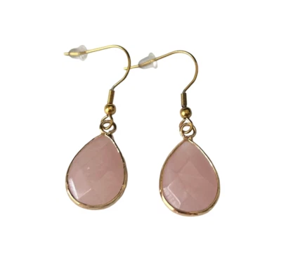 UK Seller! Natural Rose Quartz Faceted Gemstone Drop Earrings Calming Healing - Image 1 of 4