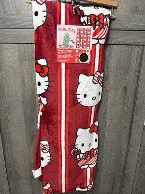 Nueva manta de felpa a rayas rojas bastón de caramelo de Navidad Hello Kitty 50" x 70" Foto 1 de 4