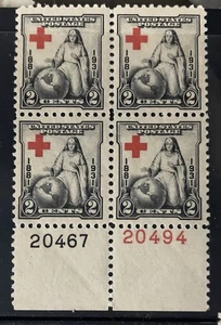 Scott 702, 2c Red Cross, Plate block/4, Bottom #s20494(R)/20467(B) MNH Free Ship - Picture 1 of 1