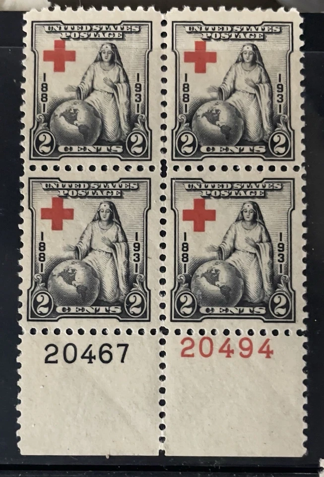 Scott 702, 2c Red Cross, Plate block/4, Bottom #s20494(R)/20467(B) MNH Free Ship - Image 1 of 1