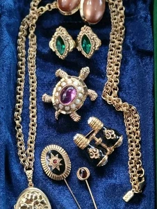 1928 Jewelry Lot Locket Necklace Jelly Belly Turtle Binoculars PINs Earrings Vtg - Picture 1 of 10