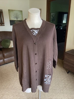 Quacker Factory Size 1X Brown Sequin Faux Button Down Cardigan Zebra Sequined - Image 1 of 4