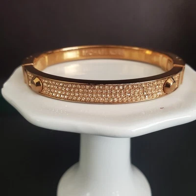 Michael Kors Hinged Bangle Rose Gold with Rhinestone Band Designer Signed - Image 1 of 4