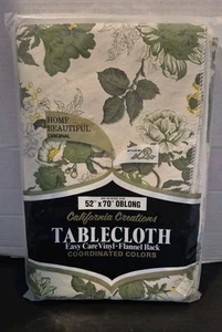 VTG NIP Vinyl Floral Tablecloth Flannel Back 52" X 70" OBLONG White Green - Picture 1 of 3