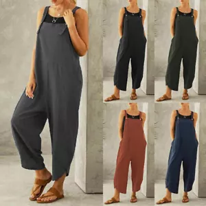 Plus Size Women's Cotton Linen Strappy Jumpsuit Dungarees Baggy Overall Trouser - Picture 1 of 18