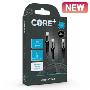 CORE+ 2-in-1 Cable 1.2m Braided Black FAST 60W Cable - iPhone and USB C - Picture 1 of 1