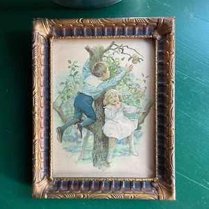 Impresión litográfica enmarcada arte victoriano antiguo de 9,5" para niños en manzano - Imagen 1 de 7