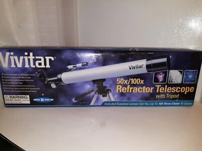 VIVITAR 50x/100x REFRACTOR TELESCOPE w/TRIPOD Lens Cap Silver & Black Ages 8+ 🔭 - Image 1 of 4