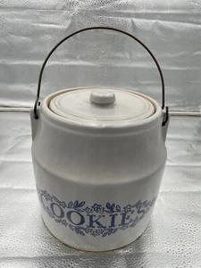 Vintage Monmouth Country Cookie Jar Glazed Stoneware w/ Blue Lid & Metal Handle - Picture 1 of 7