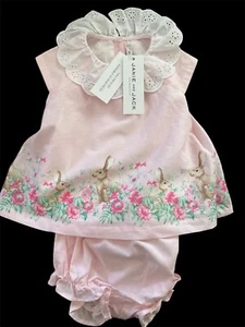 Janie and Jack NWT Pink Bunny Floral Lined Cotton Dress & Bloomer-6-12Mos - Picture 1 of 7