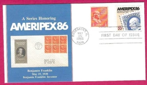 EE. UU. Fleetwood 1985 FDC - AMERIPEX '86 - 1/2c Franklin - Fdi ROSEMONT, IL - Imagen 1 de 2