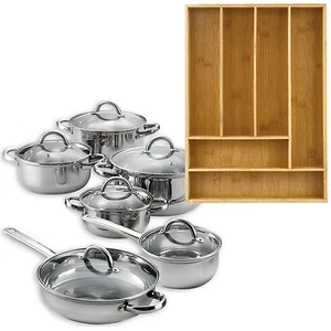 12 teiliges Kochgeschirr Set Edelstahl Töpfe Pfannen + Bambus 6 Fächer Organizer Tablett - Bild 1 von 9