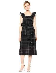 Ella Moss Stacy Dress Size Large Black/White Belted Midi Windowpane Linen Blend - Picture 1 of 11