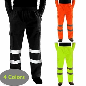 Mens Hi Viz Vis Jogging Bottoms Safety Work Sweat Pants Fleece Trousers Joggers - Picture 1 of 10