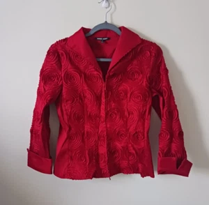 Samuel Dong Womens Zip Up Swirl Jacket Size XS Red Floral Design Embroidered - Picture 1 of 9