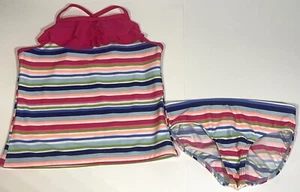 Lands End Rainbow Striped 2 Piece Ruffled Tankini Swimsuit Bathing Suit Girls 8 - Picture 1 of 8