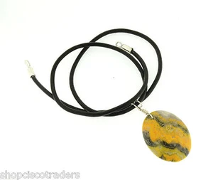 Bumblebee Jasper Necklace Sterling Silver Wire Wrap with Leather Cord Unisex - Picture 1 of 5