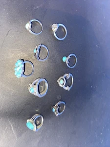Lot bague mode fausse turquoise ton argent style sud-ouest tailles variées X9 - Photo 1/5