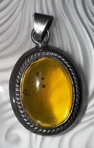 Vintage Sterling Silver Necklace 925 Pendant Amber Mexico Modernist - Picture 1 of 8