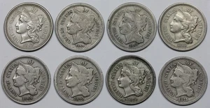 Lot of (8) 3 Cent Nickels, 1865, 1866, 1867, 1868, 1869, 2x 1870, 1871 - Picture 1 of 2