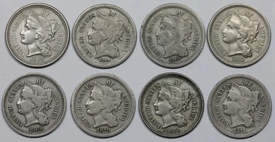 Lot of (8) 3 Cent Nickels, 1865, 1866, 1867, 1868, 1869, 2x 1870, 1871 - Image 1 of 2