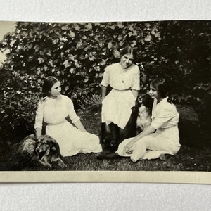 Antique Snapshot Photograph Young Women Girls Sisters With Adorable Dogs - Picture 1 of 8