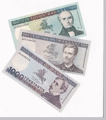 LITHUANIA 1991  100, 500 and 1000 Litas (1991-94) set. NEVER ISSUED Banknotes - Image 1 of 3