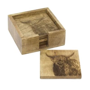 Rustic Set Of 4 Mango Wood Scottish Highland Cow Mug Coasters And Holder - Picture 1 of 5