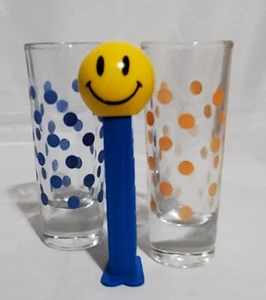 Crisa Shot Glasses Clear w/Polka Dots, Orange & Blue, Set Of 2 Different Vintage - Picture 1 of 7