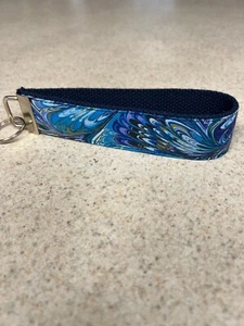 Key Ring Fob - Wristlet Style - Peacock Swirls in Shades of Blue - NEW! - Picture 1 of 1