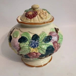 antique floral potterey ceramic jar w lid old no chips - Picture 1 of 7