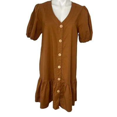 Vestido de algodón para mujer para niños mediano marrón cintura caída manga corta botón delantero Foto 1 de 4