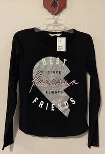 HM Girls Size 14 BFF Black Long-Sleeved Glitter Heart Shirt NWT! A3821 - Picture 1 of 6