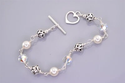 Brazalete de plata de ley 925 calado de perlas de 8 mm 10 g 6,75" Foto 1 de 4