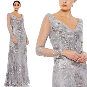 Mac Duggal Size 12 Embellished Vneck Long Sleeve Silver Platinum $698 Dress - Picture 1 of 12