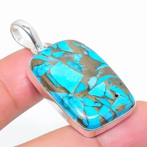 Copper Blue Turquoise Gemstone 925 Sterling Silver Jewelry Pendant 1.77" T490 - Picture 1 of 3
