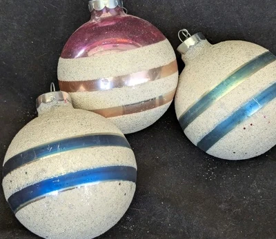Vtg Coby Mercury Glass Christmas Ornaments Lot 3 Mica Glitter Striped 1950s 3" - Image 1 of 4