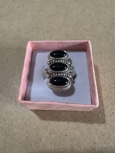 Anello Fascia Etnico Argento 925 Con Triplo Cabochon Onice Nero 8GR 17.2MM - Foto 1 di 3