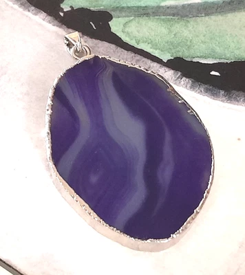Artisan Natural Agate Slice 2" Blue Purple Beauty Pendant Silver Plated Edge - Image 1 of 4