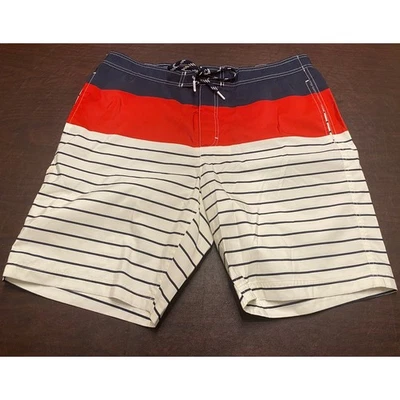 Lands End Red White Blue Stripe Swim Trunk Shorts Pockets Built-in Brief Large - Image 1 of 4