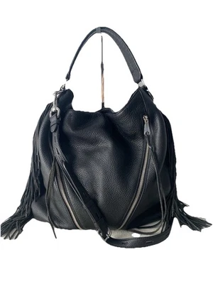 Rebecca Minkoff Leather Fringe Hobo Shoulder Crossbody Bag Black Boho Hippie - Image 1 of 4