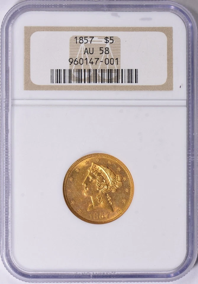 1857 $5 Liberty Head Gold Coin NGC AU 58 – Rare Collectible BROWN LABLE - Image 1 of 1