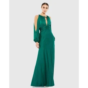 Maxi Vestido Mac Duggal Hombro Frío Manga Obispo Cerradura Verde Esmeralda - 2 ¡NUEVO CON ETIQUETAS! - Imagen 1 de 7