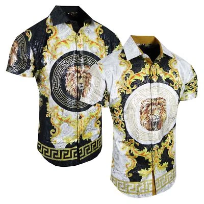 Designer Shirt Short Sleeve Lion Print Shiny Paisley Flip-Cuff Stretch Slim Fit - Image 1 of 4
