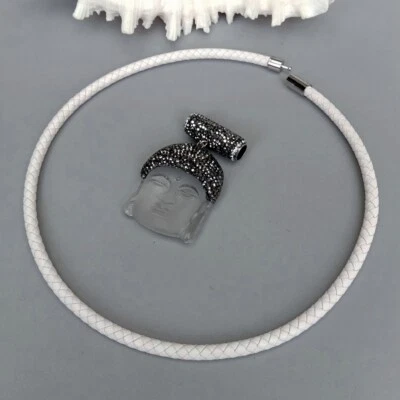 Collar Gargantilla Colgante Cabeza de Buda Tallado Cuarzo Transparente Mate 19" Cuero Blanco Foto 1 de 4