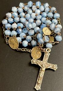 Vintage Catholic Blue Milk Glass Rosary, Saint Pater Medals, Crucifix, France