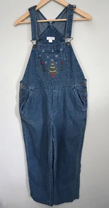 Vtg Christopher & Banks Christmas Tree Embroidered Denim Blue Jean Overalls Sz S - Picture 1 of 5