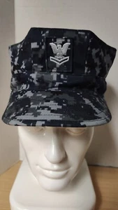 US NAVY PO3 PETTY OFFICER 3RD CLASS BLUE CAMO 8 POINT WORKING UTILITY HAT 7 1/2 - Picture 1 of 7